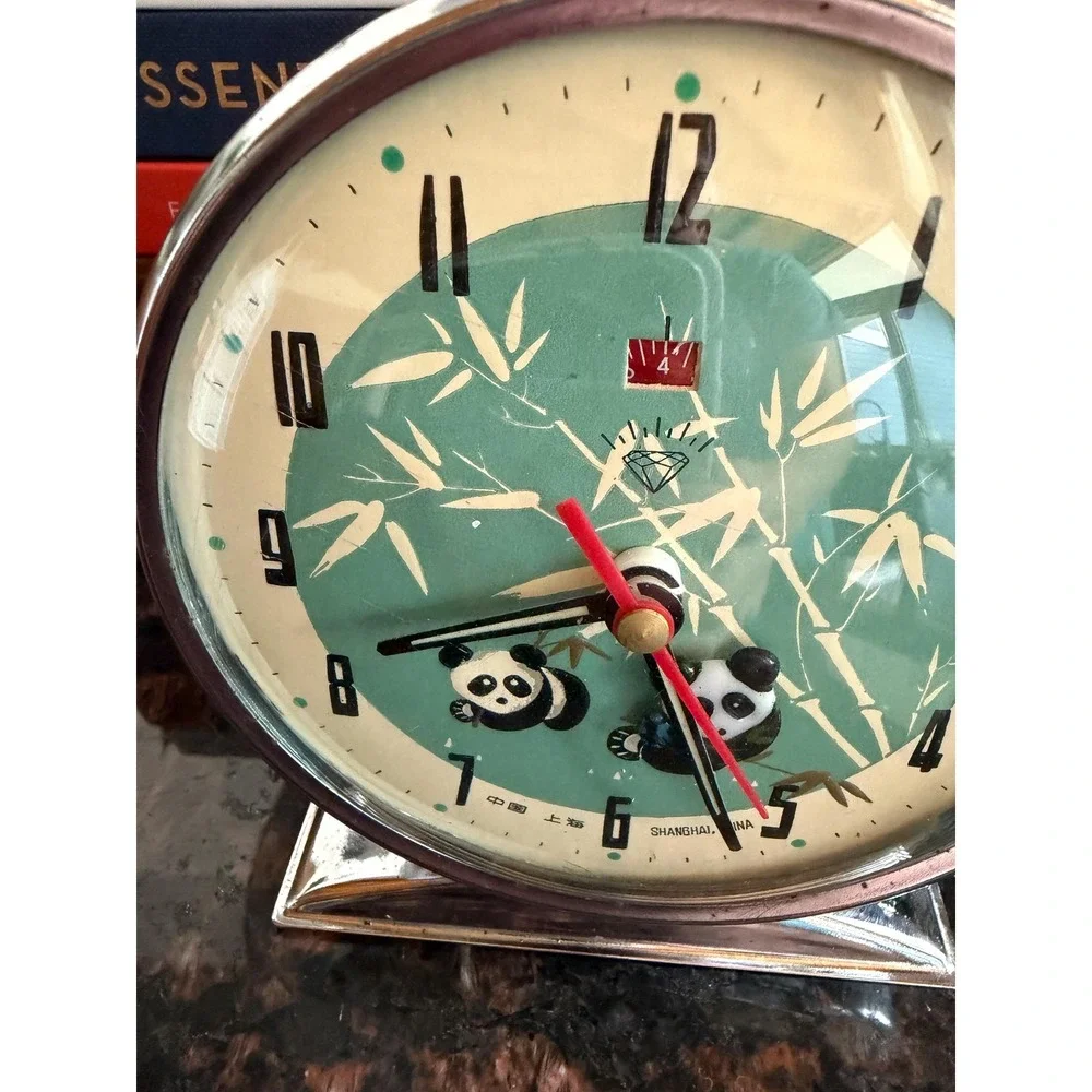 Vintage Shanghai Diamond Panda Alarm Clock, Animated Mechanical Wind Up Clock